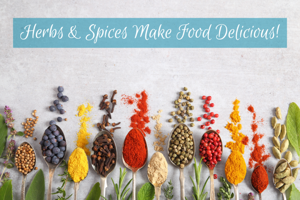 Herbs and spices: Spoons with spices in them surrounded by different types of herbal leaves